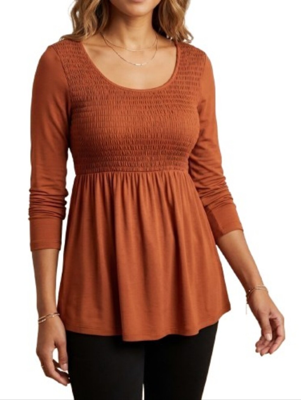American Eagle Brown Babydoll Blouse Smocked Upper Long Sleeves Solid